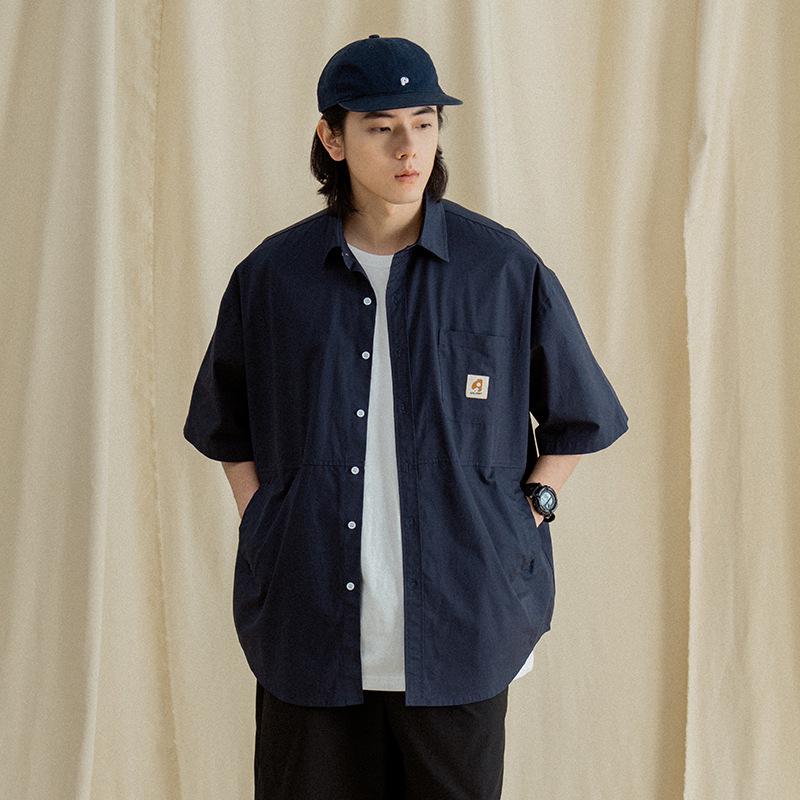 Hanlu Heren Japans Stijl Patchwork Kortmouw Werkkleding Shirt met Dubbele Zijzakken