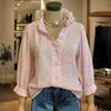 Women Shirt V-Neck Lace Trim Long Sleeve Pullover Tops Pure Color Embroidery Flower Pattern