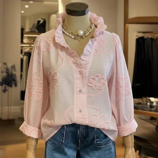 Women Shirt V-Neck Lace Trim Long Sleeve Pullover Tops Pure Color Embroidery Flower Pattern