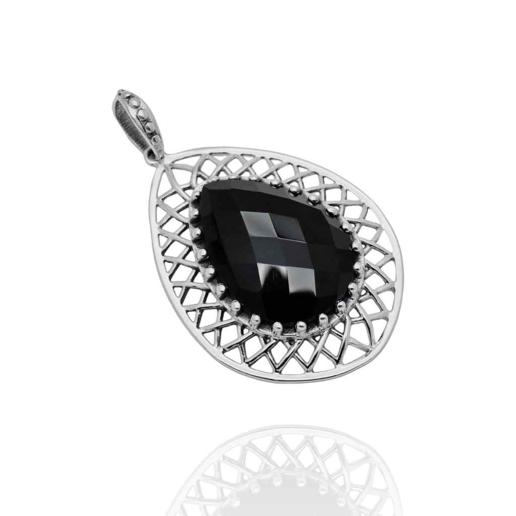 Black onyx pendant, 925 sterling silver jewelry, black gemstone pear pendant, pendant for her, gift for her