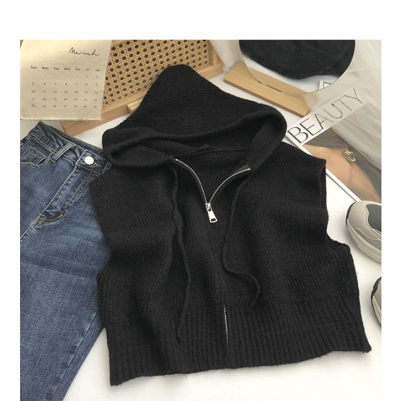 

Women s Hooded Knitted Vest Autumn and Winter Zipper Cardigan Sweater Vest Top 3XL чорний