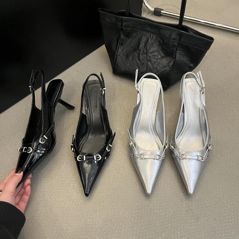 Tacones de mujer, Zapatos de tacón alto con perlas para mujer, sandalias sexys con punta puntiaguda, a la moda, para banquete,