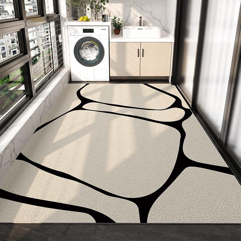 PVC Balcony Rug Waterproof Non-slip Leather Floor Mat Long Strip Large Area Carpet Black White Modern Art Style Decorative Rugs