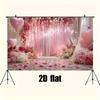 2D Flat Pink Love Party Backdrop Tulle Curtains & Rose Petals Engagement Background