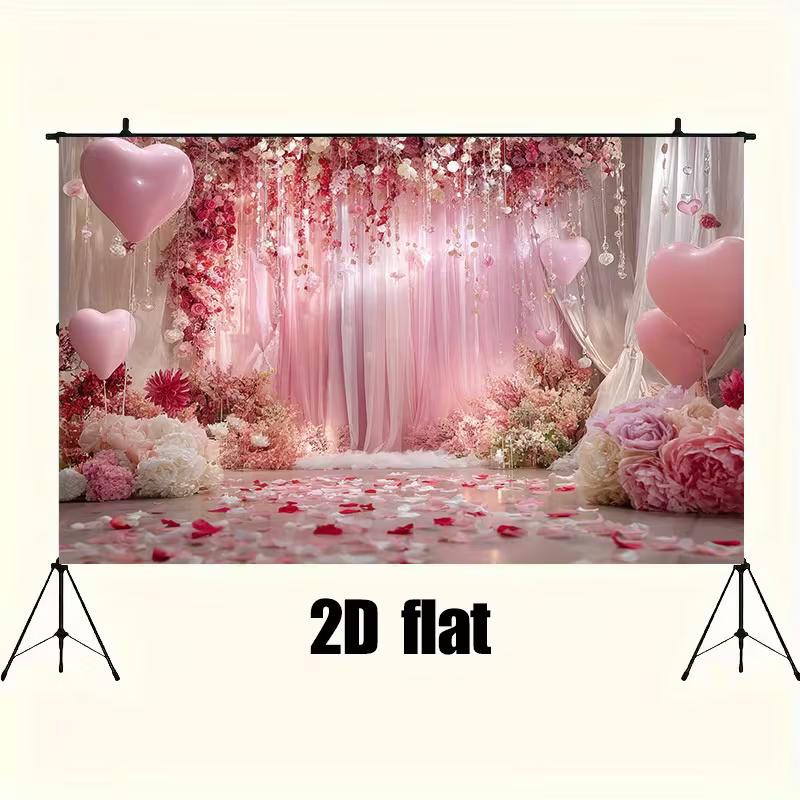 2D Flat Pink Love Party Backdrop Tulle Curtains & Rose Petals Engagement Background