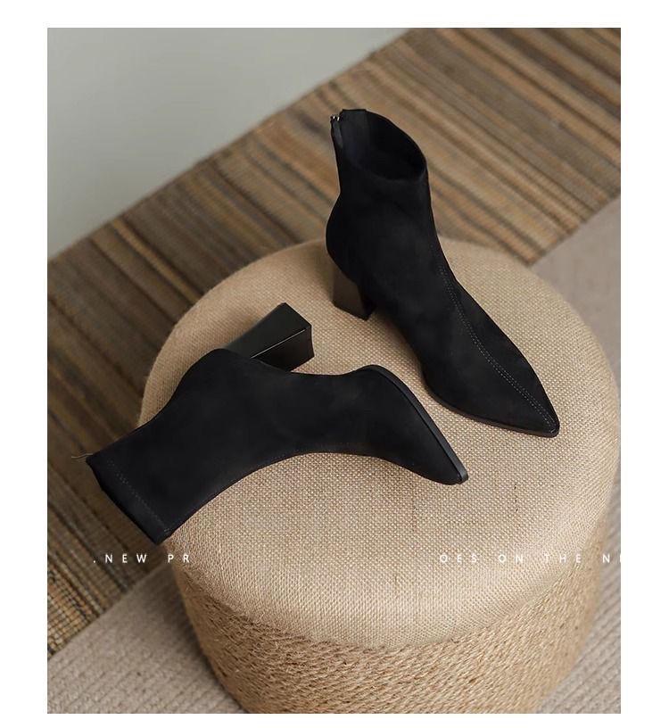 Women's Genuine Leather Suede Chunky Heel Ankle Boots - Pointed Toe, Slimming Design, 2025 Autumn/Winter Collection