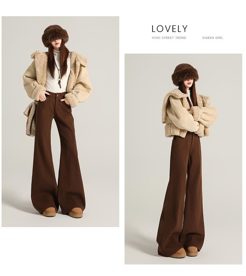 Khaki Micro-Flare Velvet-Lined Mid-Waist Slim-Fit Jeans for Women