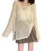 Hollow grid crew neck top split design summer thin outer loose and thin casual sunscreen knitted sweater