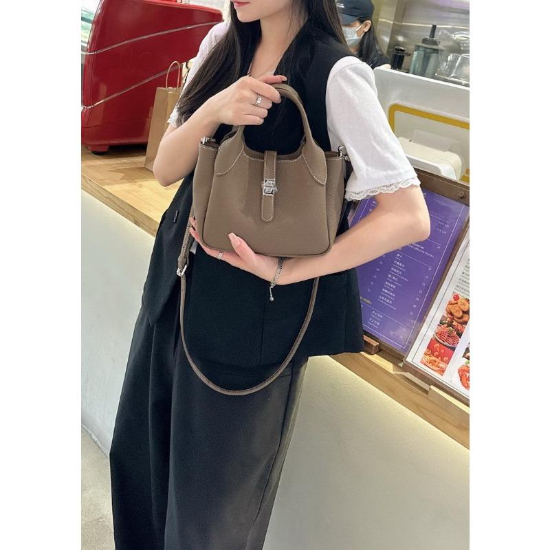 New first-layer cowhide leather high-end bucket bag vegetable basket bag single shoulder crossbody handbag women's bag