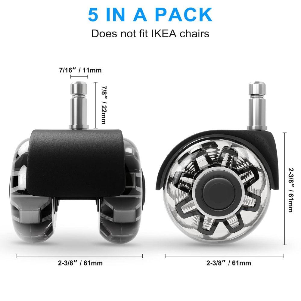 Rodas de rodízio para cadeira de escritório (Conjunto de 5),Rodas de cadeira para serviço pesado suportam 2200 libras, rodízios de cadeira de borracha silenciosa, 2 polegadas universais