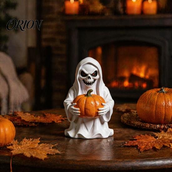 Cute Ghost Figurine for Home Halloween White Pumpkin Resin Statue, Spooky Holding Mini Unique Sculpture Office Garden Yard Tabletop Mantel Decor