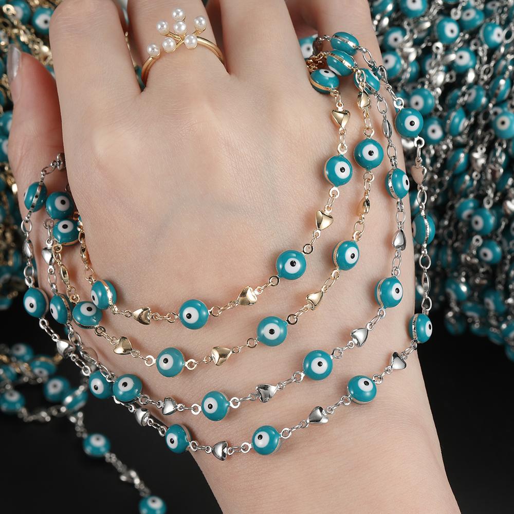 1m Copper Blue Devil's Eye With Heart Charms Chains for DIY Necklace Bracelet Waist Chain Crafts Jewelry Making Chains