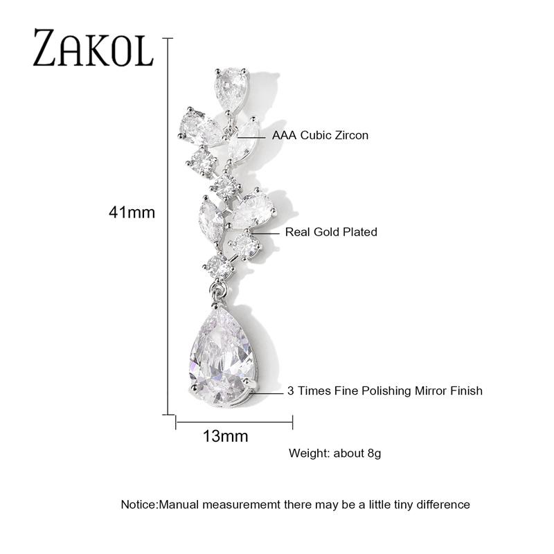 ZAKOL Luxury CZ Leaf Shape Long Dangle Earrings for Women Shinny Water Drop Cubic Zirconia Bridal Jewelry EP5097
