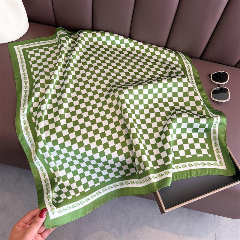Luxury Women Silk Hijab Scarf Bandana Wrap White Green Grid Designer Square Scarves Neckerchief Shawl Kerchief Hair Band Foulard