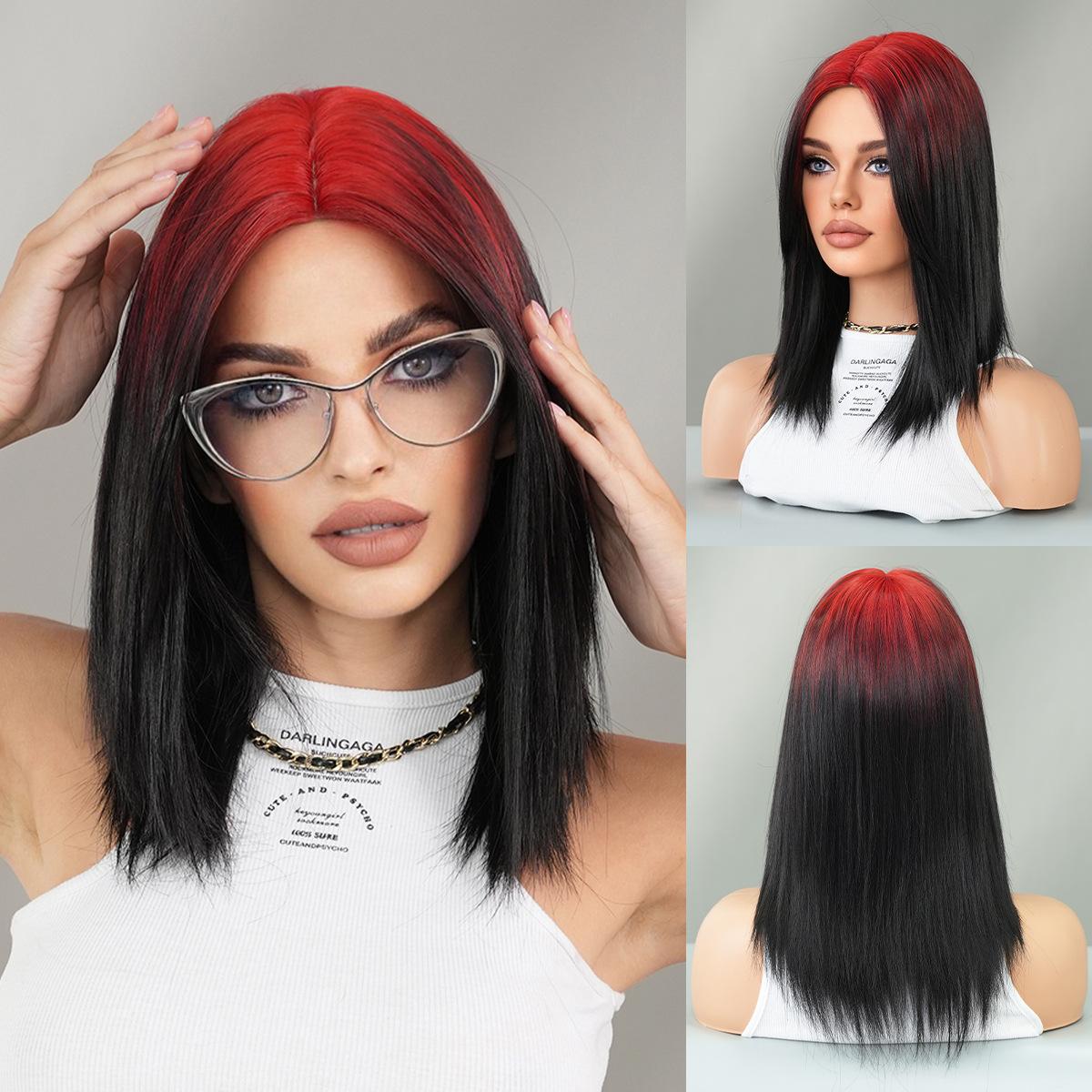 

Anime Style Root Flash Dye Shoulder Length Wig for Women - Red Gradient Black Straight Hair Full Cap Wig, Cosplay Machine Made Wig 18.89 inch