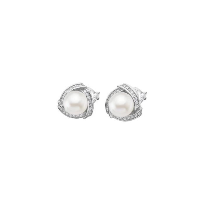 Boucle d'Oreille Femme Lotus Silver Argent Perle Blanche Et Strass - LP1928-4/1