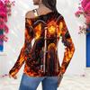 Women Plus Size Asymmetric Cutout Neck Cold Shoulder Fitted Long Sleeve Top Fire Motorcycle Printed Orange Black