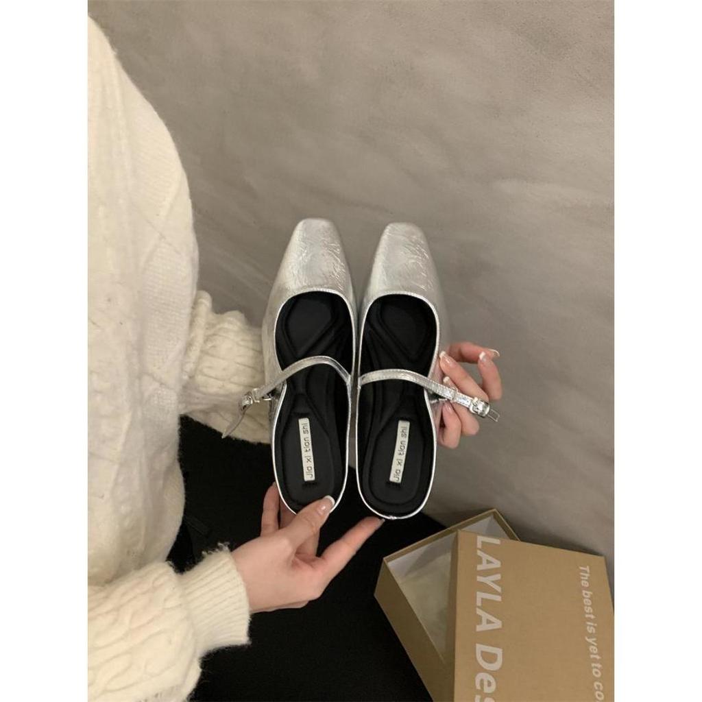 Coarse heel bag head half slippers light mouth women's shoes spring 2025 new simple and versatile one word with silver cool shoes