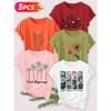 Five-piece set Elegant short-sleeved shirt for women Artistic floral print round-neck women's short-sleeve shirt suitable for spring and summer