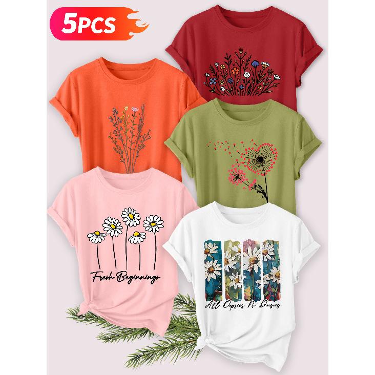 Five-piece set Elegant short-sleeved shirt for women Artistic floral print round-neck women's short-sleeve shirt suitable for spring and summer