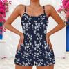Women Plus Size Scoop Neck Strappy Tank Top Floral Printed Navy Blue Two Piece Shorts Set