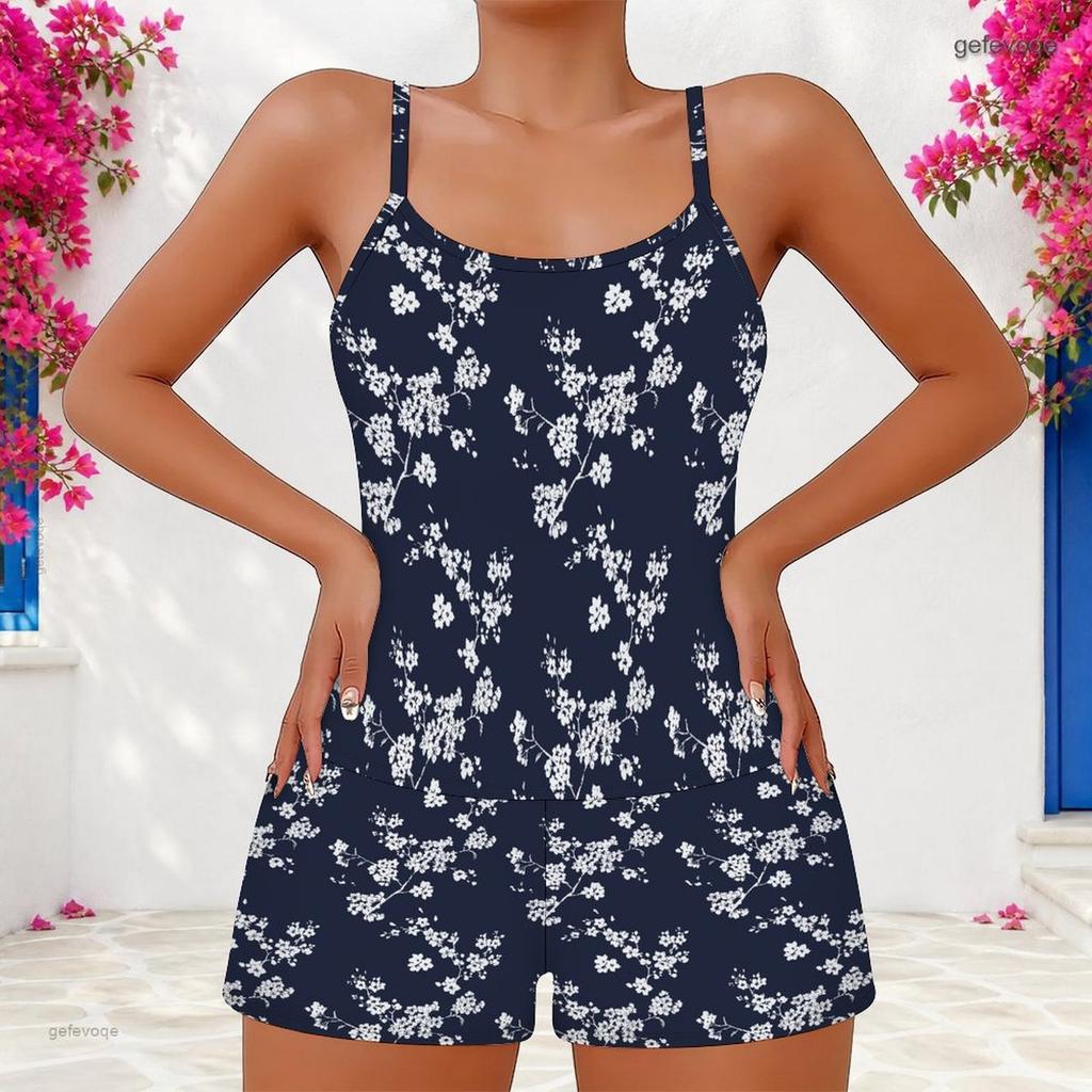 Women Plus Size Scoop Neck Strappy Tank Top Floral Printed Navy Blue Two Piece Shorts Set