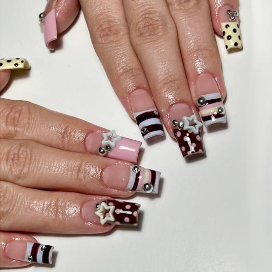1 Set Press On Nails Salon Quality Almond French Tip Stick-on Fake Nails Removable 3D Charm Women Full Cover Glue On False Nails