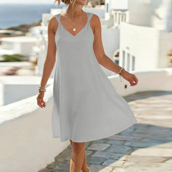 Vestido Casual de Verano para Mujer sin Mangas, Cuello en V, Tirantes de Corbata, Corte Holgado, Línea A, Diseño Sencillo de Color Sólido, Tejido Ligero