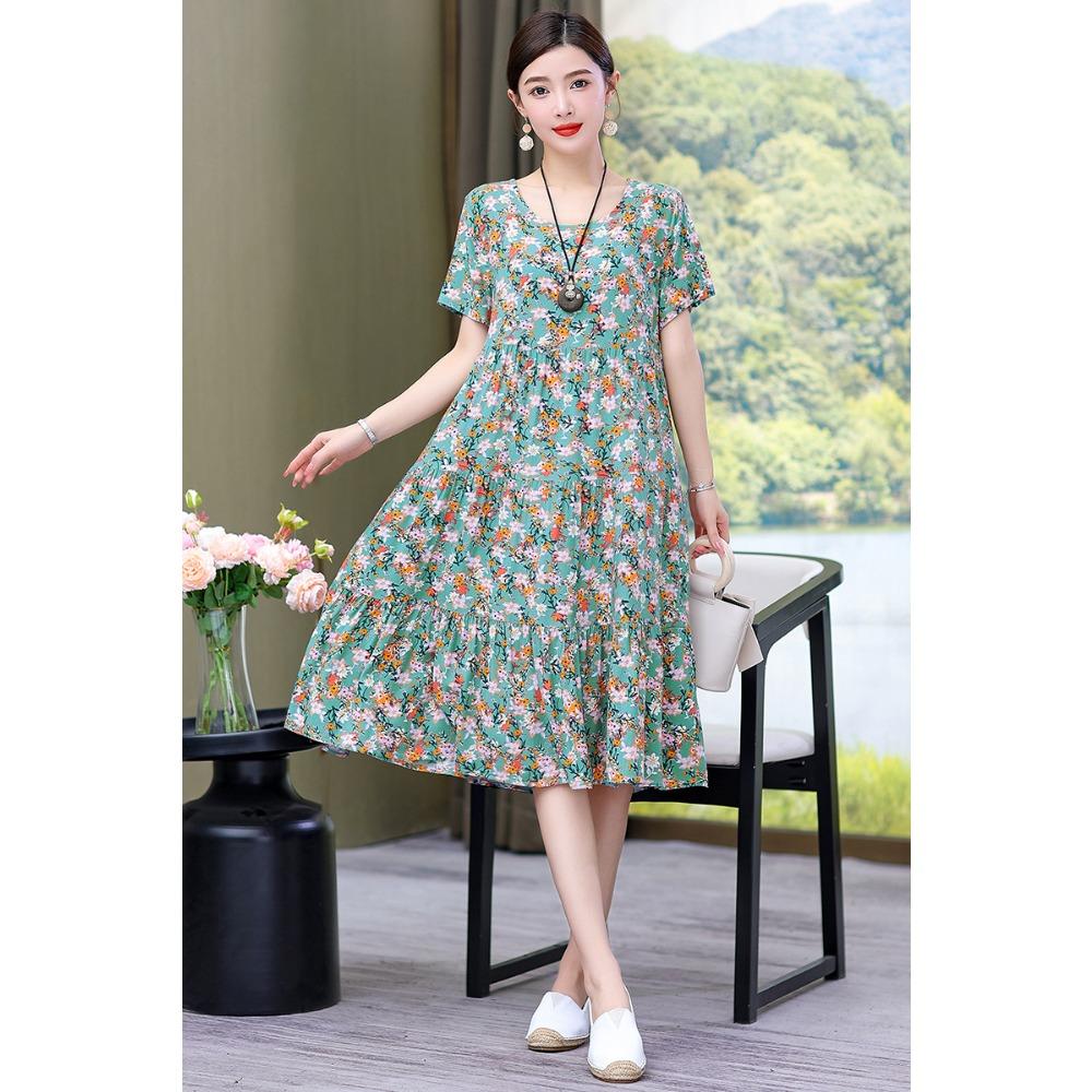 Summer Short-sleeved, Loose and Long Artificial Cotton Dress for Middle-aged and Elderly Women