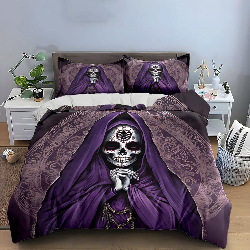 Purple Cloaked Skull Design Bedding Duvet Cover Set (1*Duvet Cover 2*Pillowcases, without duvet insert)