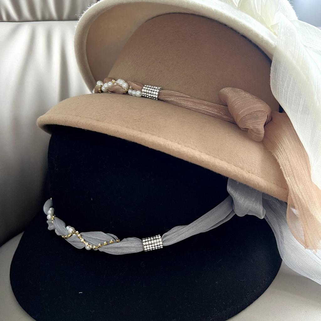 Elegante Hepburn-Stil Zylinderhut für Damen, Netzschleife Herbst und Winter neuer Stil Französisch Retro Kleiner Duft Stil Wollhut