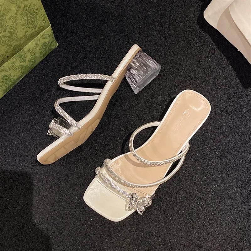 Neue Damen Sneaker Hausschuhe Damen Slides Mules Lässige Quadratische Mittlere Absätze Damenschuhe Kristall Strass Hausschuhe Übergröße