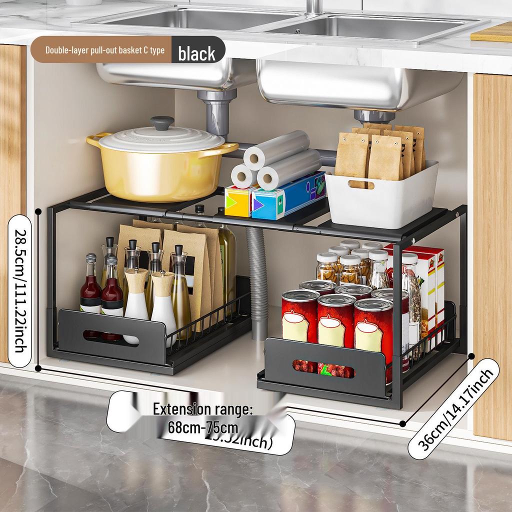 Retractable Under-Sink Organizer: Pull-Out Drawer & Storage Rack for Pots and Pans