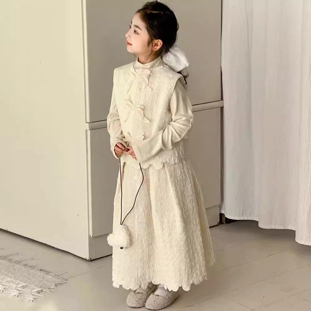 2025 Dívčí elegantní set v čínském stylu vesta a sukně - Třídílný jarní/podzimní outfit