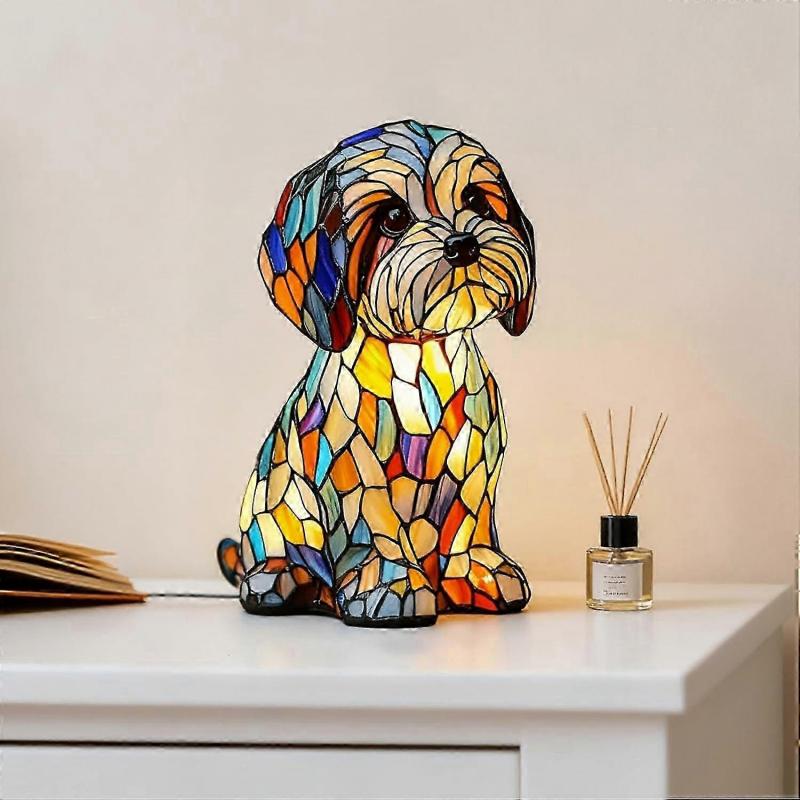 Luce Notturna per Cani con Adorabile Design a Vetro Colorato di Cucciolo, Calda Luce LED, Lampada da Tavolo per Camera da Letto Alimentata da USB per Amanti dei Cani