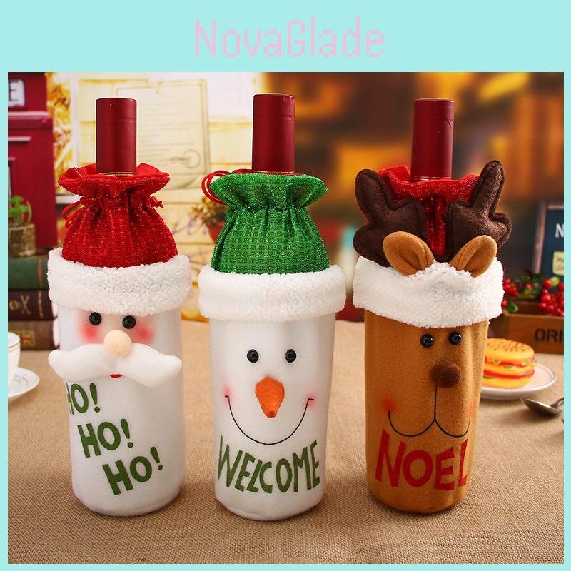 Elegant Red Wine Bottle Cover Bags With Sequins For Santa Claus And Snowman Design