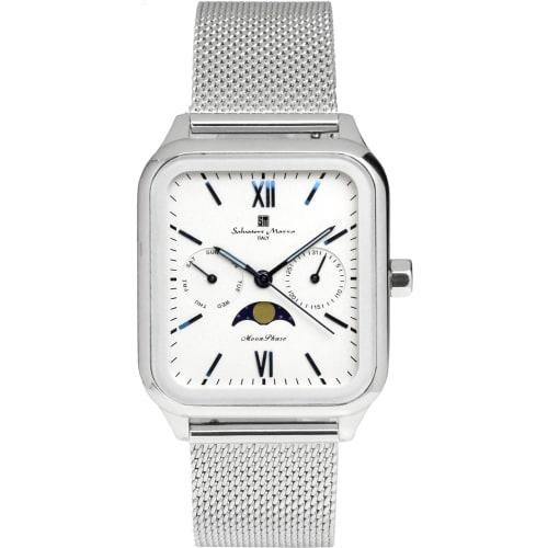 Salvatore Mara Watch Moon Phase Square Square Multi Calendar Business Formal Men's Stainless Steel Mesh Belt Limited Model Silver White SM24112-SSWHM