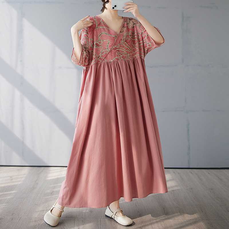 Cotton and Linen Patchwork Retro Style Dress, Long Skirt