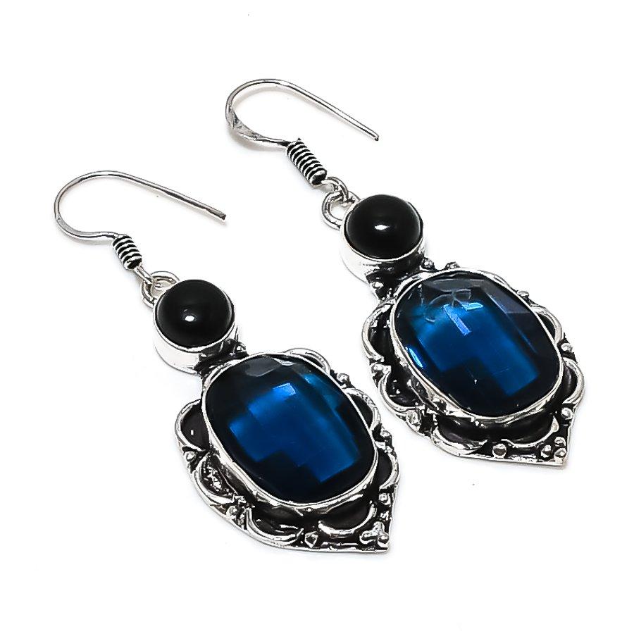 Natural Iolite Quartz, Onyx 925 Sterling Silver Jewelry Earring 2.21" v4i99