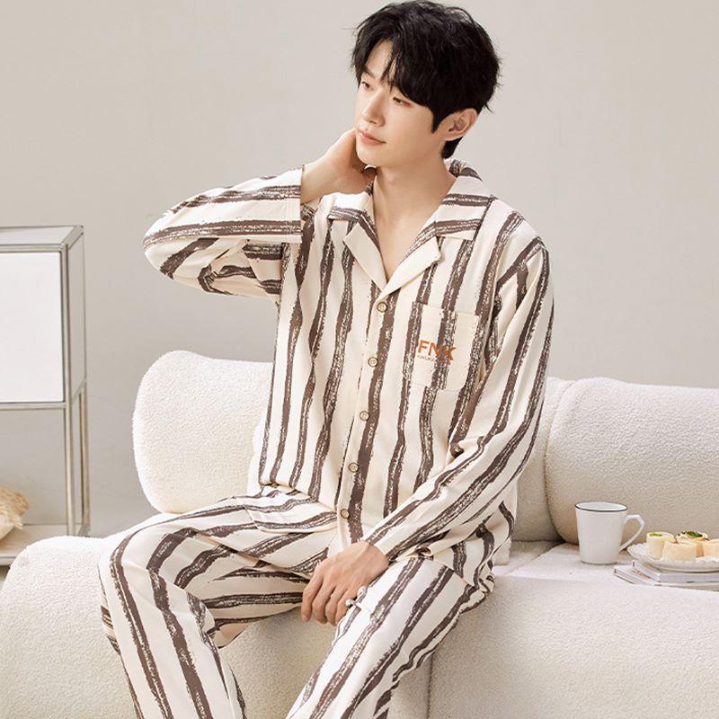 Spring and Autumn Men's Pajamas Homewear Suit Men's Cotton Cardigan Simple Large Size Cotton Can Be Worn Outside Homewear
