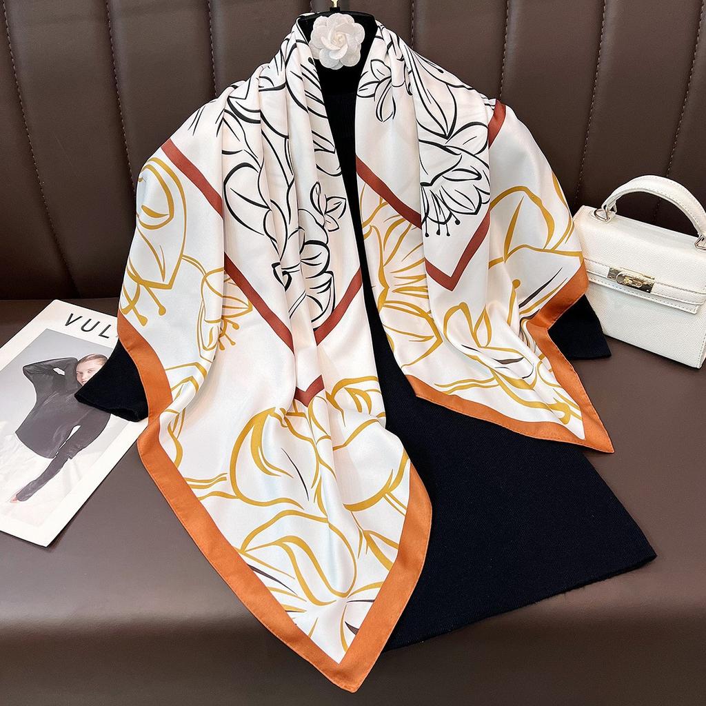 90CM Large Square Scarf Women Silk Feel Twill Neck Scarf Spring Autumn Fashion Shawl Wrap Decorative Outerwear