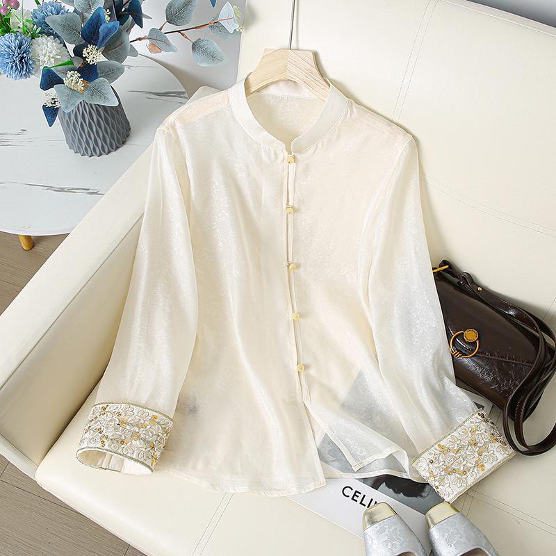 

2025 High-End Faux Silk Jacquard Embroidered Top with Chinese Frog Buttons and Stand Collar for Women L (recommended 110-125 jin)