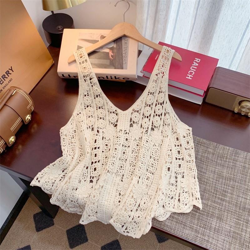 Literary and Artistic Solid Color Three-dimensional Hook-up Embroidered Lace Small Vest Large Size Women's Sleeveless Round Neck Casual Outer
