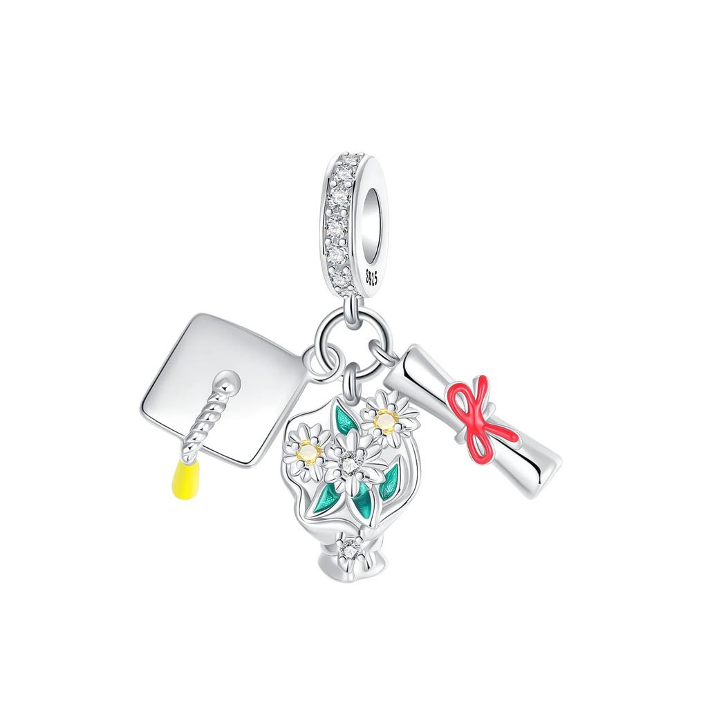 Original 925 Silver Graduation Charms Mortarboard Beads Flower Pendants for Bracelet Necklace DIY Jewelry Gift