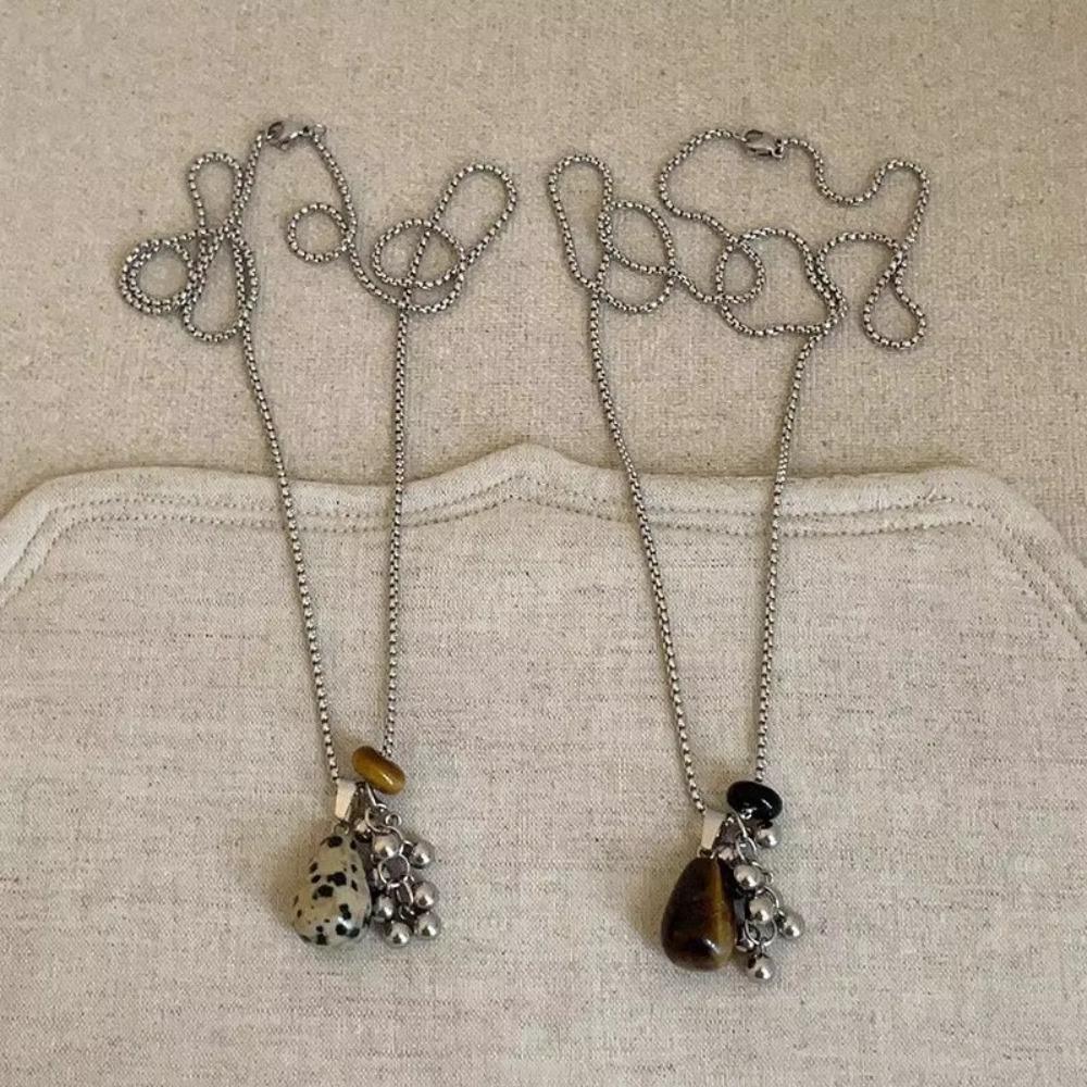Exquisite Spotted Tiger Eye Stone Long Chain Necklace Long Chain Irregular Pendant Long Versatile Clavicle Metal Sweater Chain