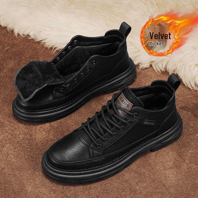 2025 Men's Winter Fleece-Lined Casual Leather Martin Boots - Mid-Top Autumn Work Shoes
