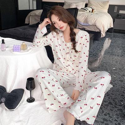 Sea Island Cotton Women's Pajama Set with Chest Pad - Cherry Bow Design for Spring & Autumn Wear Inside or Outside - 2025 Collection