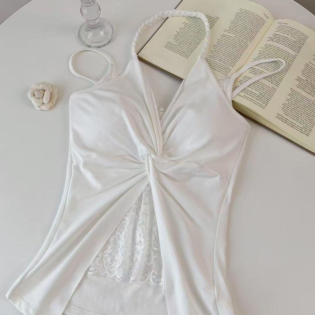 

White Lace Twisted Strap Camisole - Sexy Summer Top S [80-105 lbs]