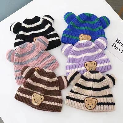Herbst- und Winter-Kinderwarmmütze niedliche gestreifte Bärenmütze Baby Doppelbommel Strickmütze Herren- und Damen-Schatzmützen