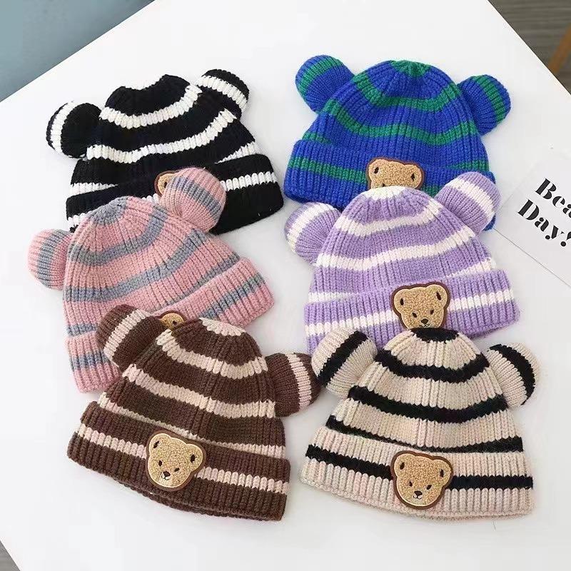 Autumn and Winter Children's Warm Hat Cute Striped Bear Hat Baby Double Ball Knitted Hat Men's and Women's Treasure Hats